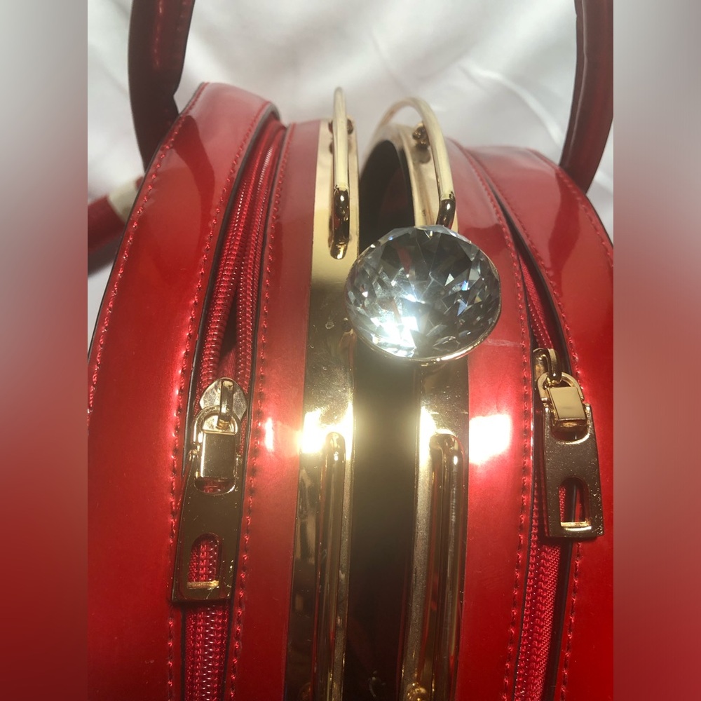Red Floral Patent Dome Handbag with Gold Accents - Picture 3 of 8
